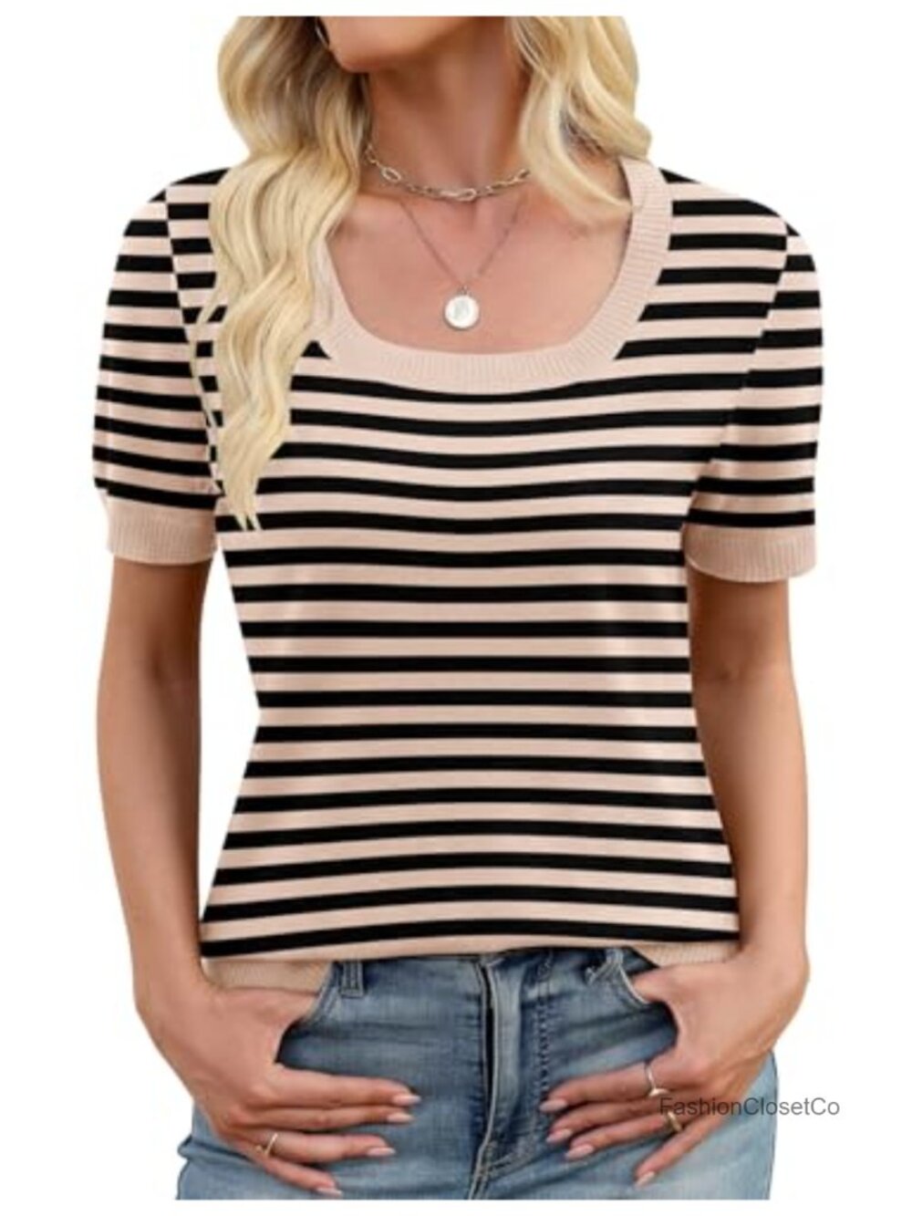 Womens Short Sleeve Square Neck Knit Sweater Business Casual Summer Top